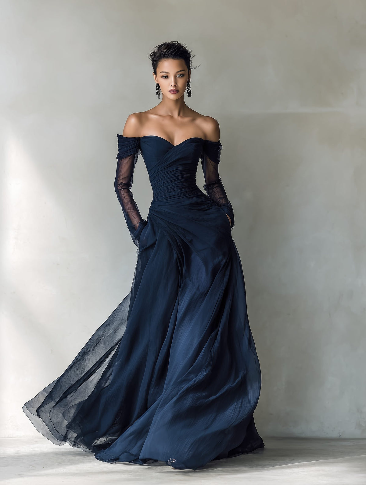 Women's Dark Blue Chiffon Maxi Dress with Off-Shoulder Sweetheart Neck - Maisie London