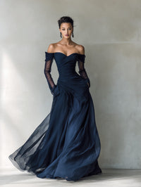 Women's Dark Blue Chiffon Maxi Dress with Off-Shoulder Sweetheart Neck - Maisie London