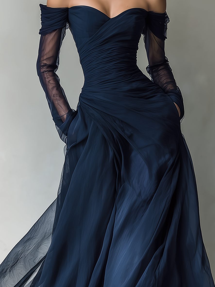 Women's Dark Blue Chiffon Maxi Dress with Off-Shoulder Sweetheart Neck - Maisie London