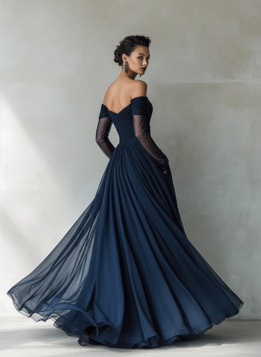 Women's Dark Blue Chiffon Maxi Dress with Off-Shoulder Sweetheart Neck - Maisie London