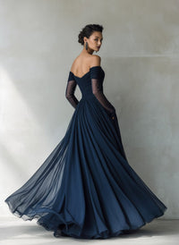 Women's Dark Blue Chiffon Maxi Dress with Off-Shoulder Sweetheart Neck - Maisie London
