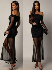 Women's Black Mesh Off-Shoulder Maxi Dress with Ruched Bodycon Fit - Maisie London