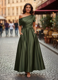 Women's Satin A-Line Midi Dress with Off-Shoulder Drape and Pockets - Maisie London