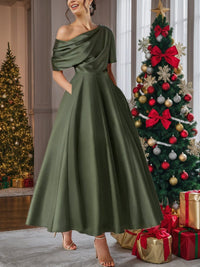 Women's Satin A-Line Midi Dress with Off-Shoulder Drape and Pockets - Maisie London