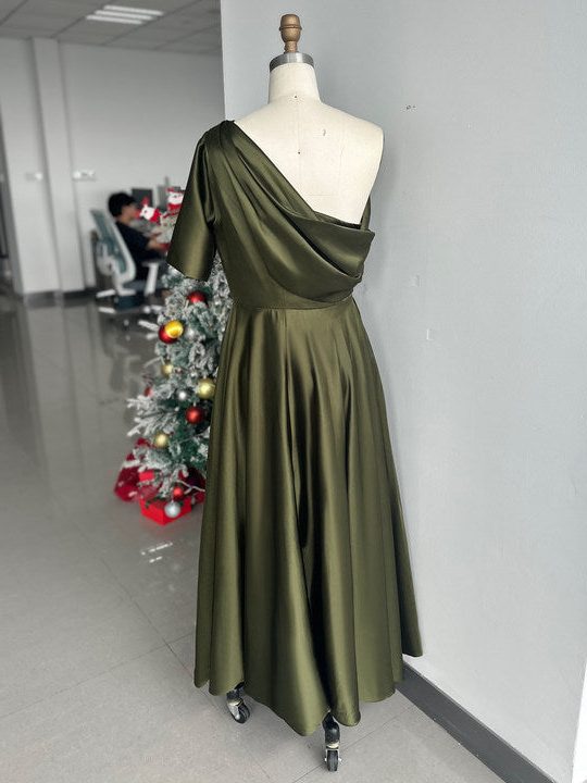 Women's Satin A-Line Midi Dress with Off-Shoulder Drape and Pockets - Maisie London