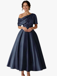 Women's Satin A-Line Midi Dress with Off-Shoulder Drape and Pockets - Maisie London