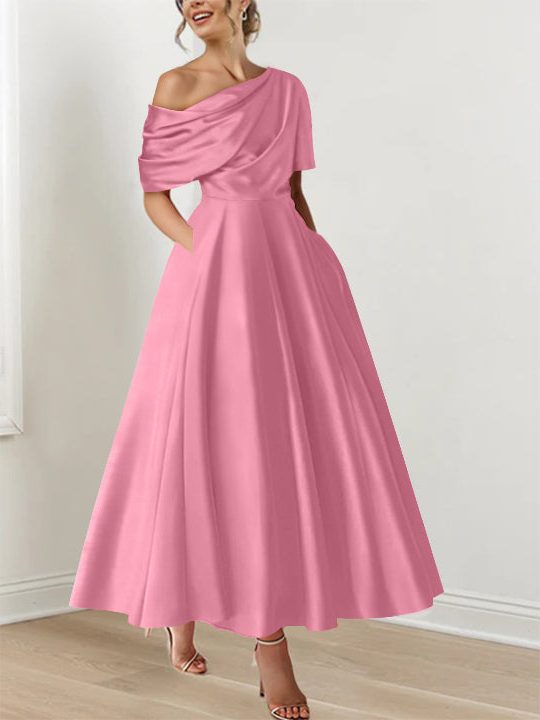 Women's Satin A-Line Midi Dress with Off-Shoulder Drape and Pockets - Maisie London
