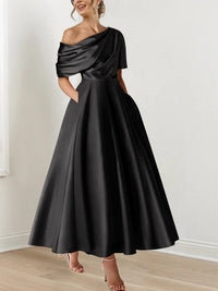 Women's Satin A-Line Midi Dress with Off-Shoulder Drape and Pockets - Maisie London
