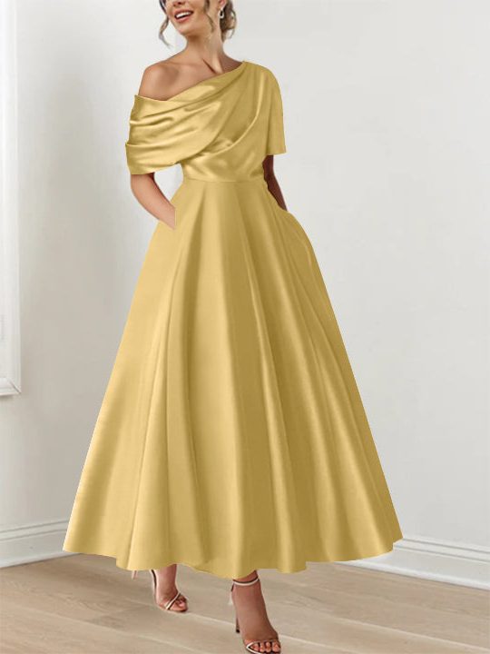 Women's Satin A-Line Midi Dress with Off-Shoulder Drape and Pockets - Maisie London