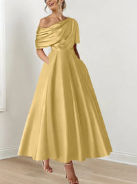 Women's Satin A-Line Midi Dress with Off-Shoulder Drape and Pockets - Maisie London