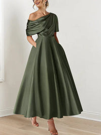 Women's Satin A-Line Midi Dress with Off-Shoulder Drape and Pockets - Maisie London