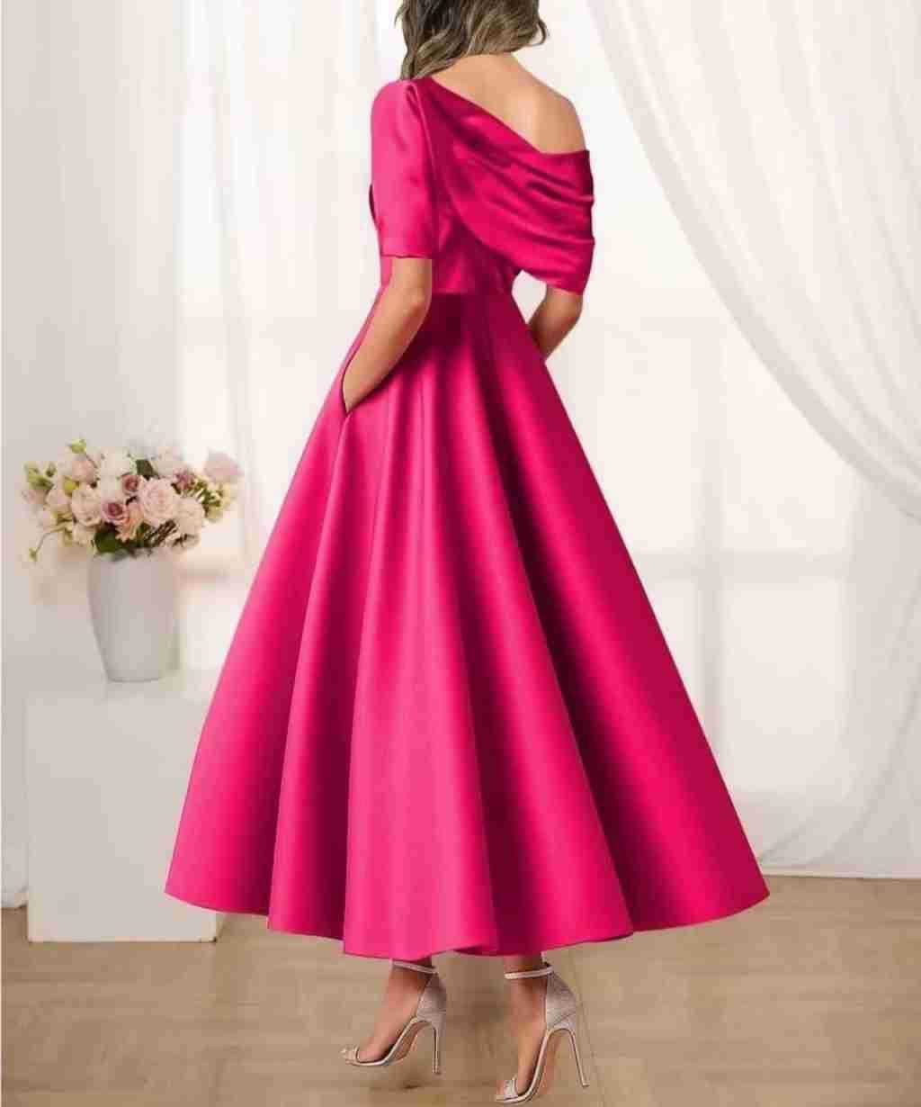 Women's Satin A-Line Midi Dress with Off-Shoulder Drape and Pockets - Maisie London