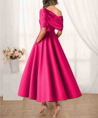 Women's Satin A-Line Midi Dress with Off-Shoulder Drape and Pockets - Maisie London
