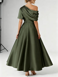Women's Satin A-Line Midi Dress with Off-Shoulder Drape and Pockets - Maisie London