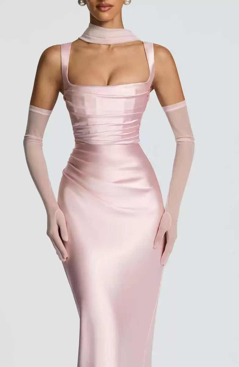 Women's Satin Square-Neck Maxi Dress with Ruching and Corset Back - Maisie London