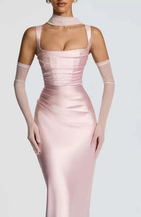 Women's Satin Square-Neck Maxi Dress with Ruching and Corset Back - Maisie London