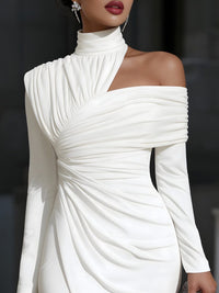 Women's Ruched Off-Shoulder Midi Dress with High Neck and Split - Maisie London