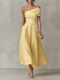 Women's Yellow Linen-Look One-Shoulder Midi Dress with Pockets - Maisie London