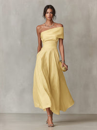 Women's Yellow Linen-Look One-Shoulder Midi Dress with Pockets - Maisie London