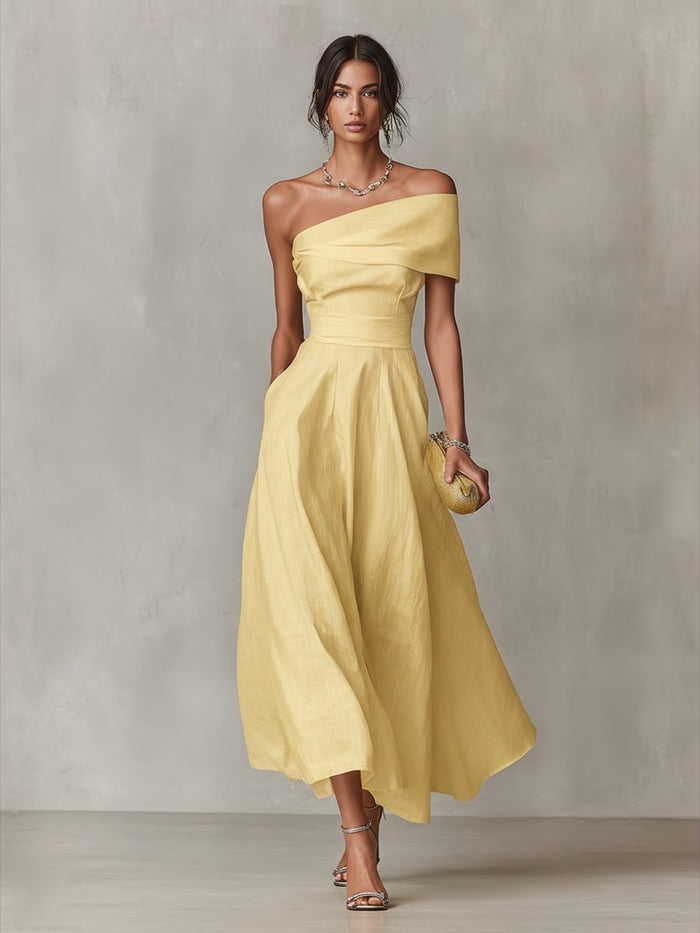 Women's Yellow Linen-Look One-Shoulder Midi Dress with Pockets - Maisie London