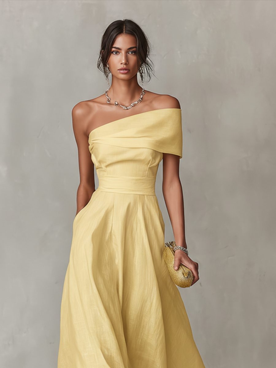 Women's Yellow Linen-Look One-Shoulder Midi Dress with Pockets - Maisie London