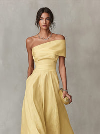 Women's Yellow Linen-Look One-Shoulder Midi Dress with Pockets - Maisie London