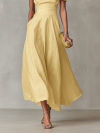 Women's Yellow Linen-Look One-Shoulder Midi Dress with Pockets - Maisie London