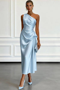 Women's Blue Satin One-Shoulder Midi Dress with Pleated Bodice - Maisie London