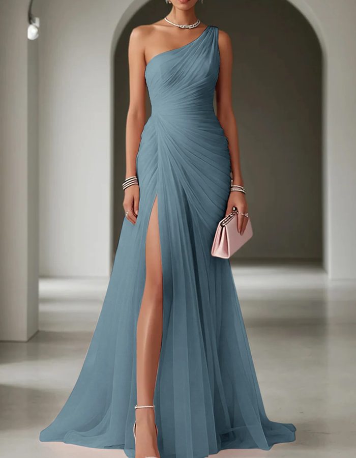Women's Tulle One-Shoulder Pleated Maxi Dress with Front Split - Maisie London