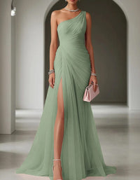 Women's Tulle One-Shoulder Pleated Maxi Dress with Front Split - Maisie London