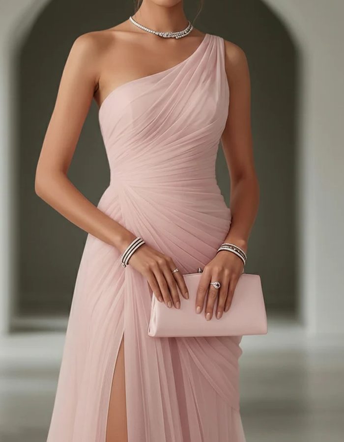 Women's Tulle One-Shoulder Pleated Maxi Dress with Front Split - Maisie London