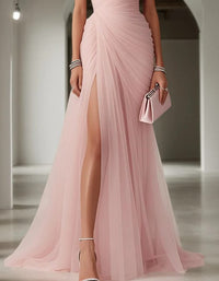 Women's Tulle One-Shoulder Pleated Maxi Dress with Front Split - Maisie London