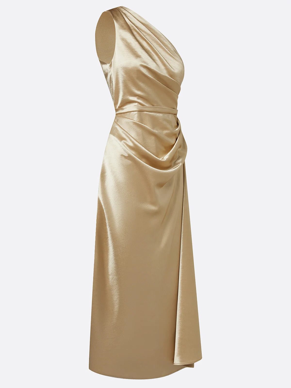 Women's Satin One-Shoulder Midi Dress with Ruched Waist and Drape - Maisie London