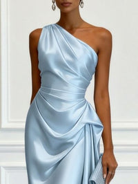 Women's Satin One-Shoulder Midi Dress with Ruched Waist and Drape - Maisie London