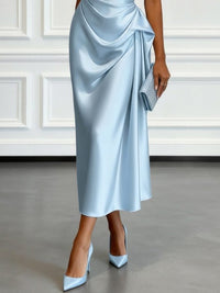 Women's Satin One-Shoulder Midi Dress with Ruched Waist and Drape - Maisie London