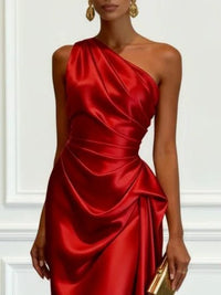 Women's Satin One-Shoulder Midi Dress with Ruched Waist and Drape - Maisie London