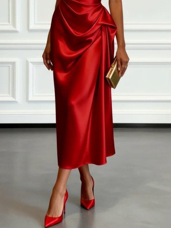 Women's Satin One-Shoulder Midi Dress with Ruched Waist and Drape - Maisie London
