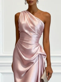 Women's Satin One-Shoulder Midi Dress with Ruched Waist and Drape - Maisie London