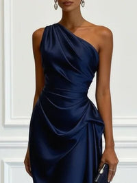 Women's Satin One-Shoulder Midi Dress with Ruched Waist and Drape - Maisie London