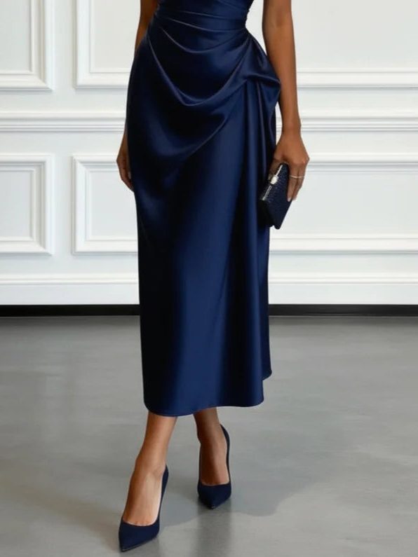 Women's Satin One-Shoulder Midi Dress with Ruched Waist and Drape - Maisie London