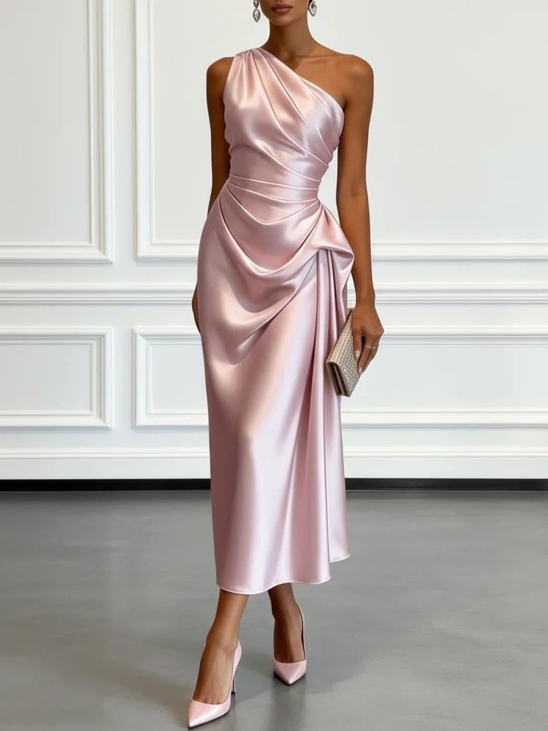Women's Satin One-Shoulder Midi Dress with Ruched Waist and Drape - Maisie London