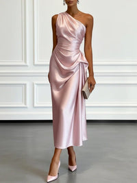 Women's Satin One-Shoulder Midi Dress with Ruched Waist and Drape - Maisie London