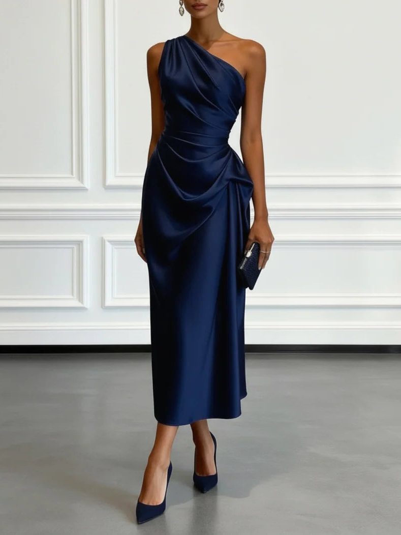 Women's Satin One-Shoulder Midi Dress with Ruched Waist and Drape - Maisie London