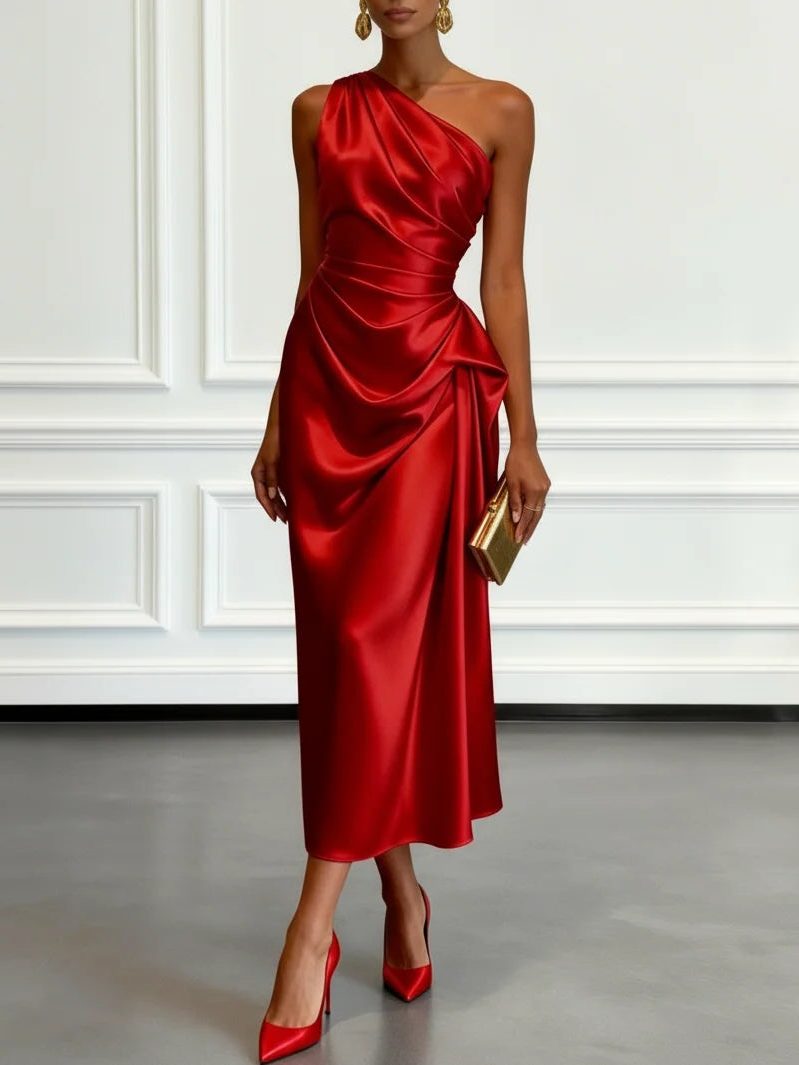 Women's Satin One-Shoulder Midi Dress with Ruched Waist and Drape - Maisie London