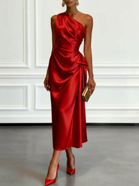Women's Satin One-Shoulder Midi Dress with Ruched Waist and Drape - Maisie London