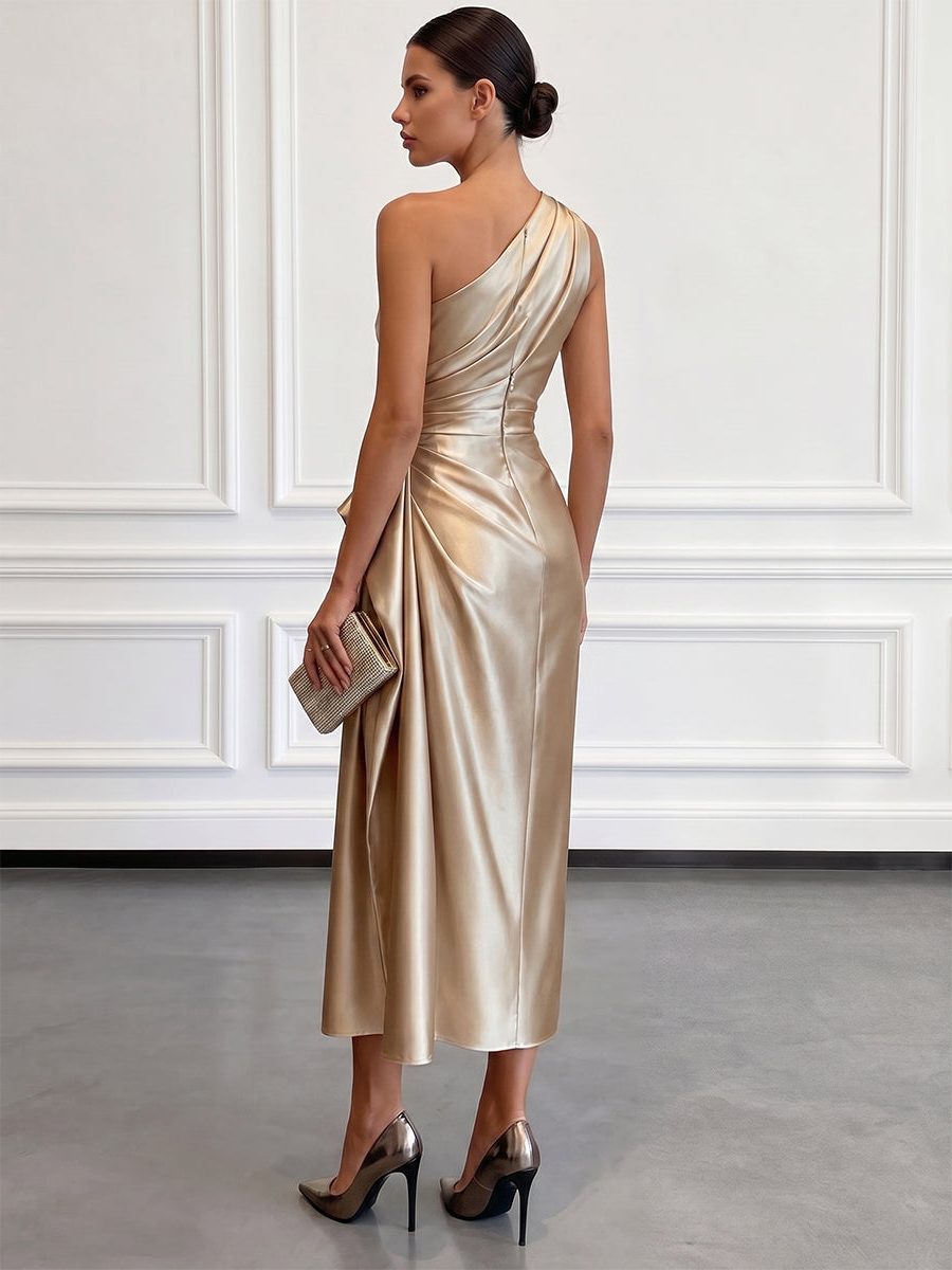 Women's Satin One-Shoulder Midi Dress with Ruched Waist and Drape - Maisie London