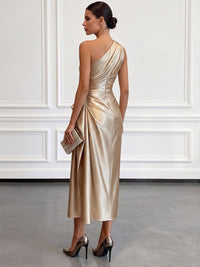 Women's Satin One-Shoulder Midi Dress with Ruched Waist and Drape - Maisie London