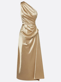 Women's Satin One-Shoulder Midi Dress with Ruched Waist and Drape - Maisie London