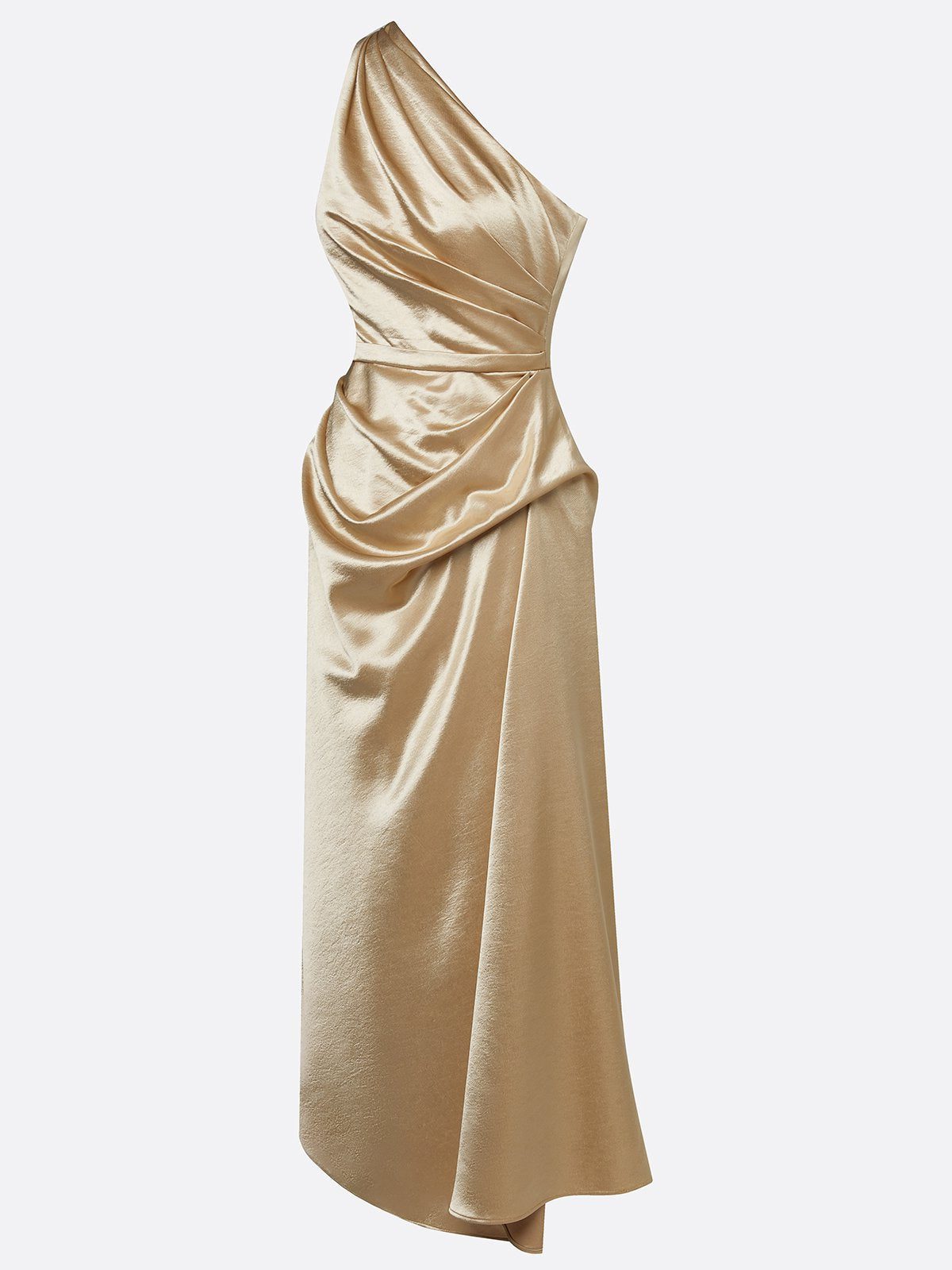 Women's Satin One-Shoulder Midi Dress with Ruched Waist and Drape - Maisie London