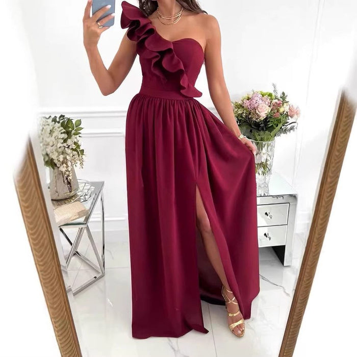 Women's One-Shoulder Maxi Dress with Ruffle and Thigh Slit - Maisie London